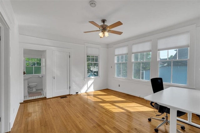 unfurnished office featuring ceiling fan and light hardwood / wood-style floors