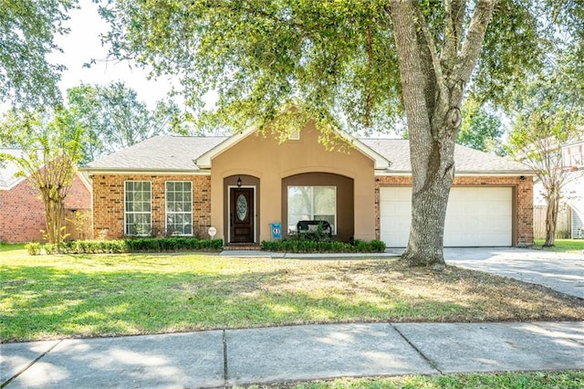 ranch-style home with a front yard and a garage