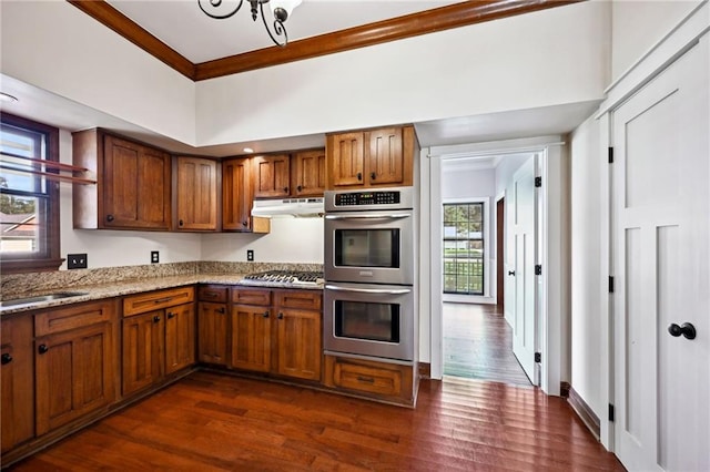 kitchen featuring stainless steel appliances, dark hardwood / wood-style floors, light stone counters, and a wealth of natural light