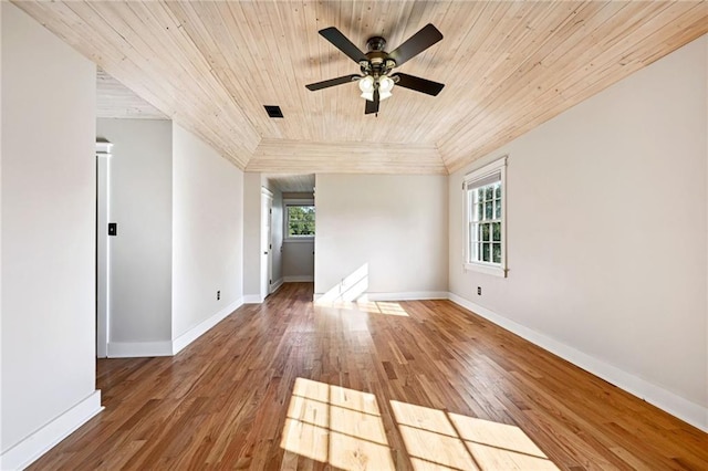 spare room featuring ceiling fan, hardwood / wood-style floors, and wooden ceiling