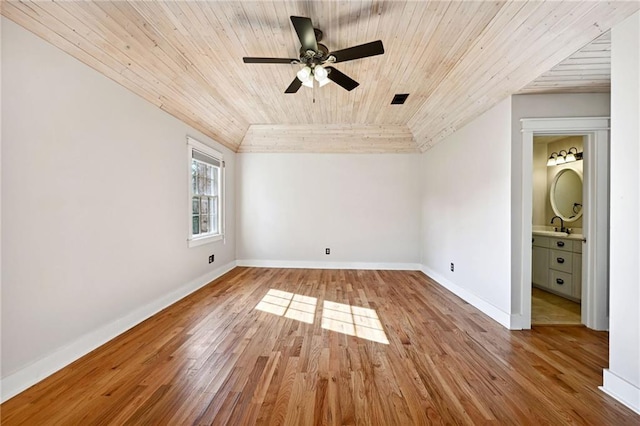 spare room with ceiling fan, light hardwood / wood-style flooring, wood ceiling, and lofted ceiling