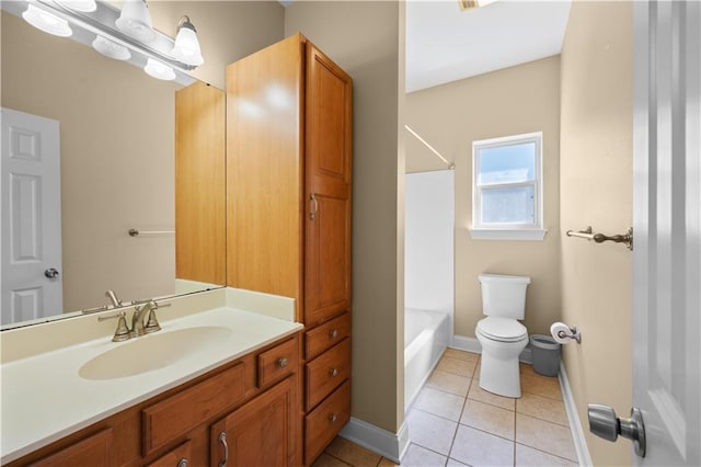 full bathroom featuring shower / bath combination, vanity, tile patterned flooring, and toilet