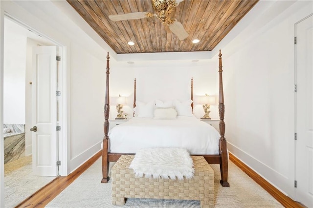 bedroom featuring wooden ceiling, light wood-type flooring, and ceiling fan