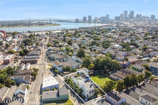 bird's eye view with a city view and a water view