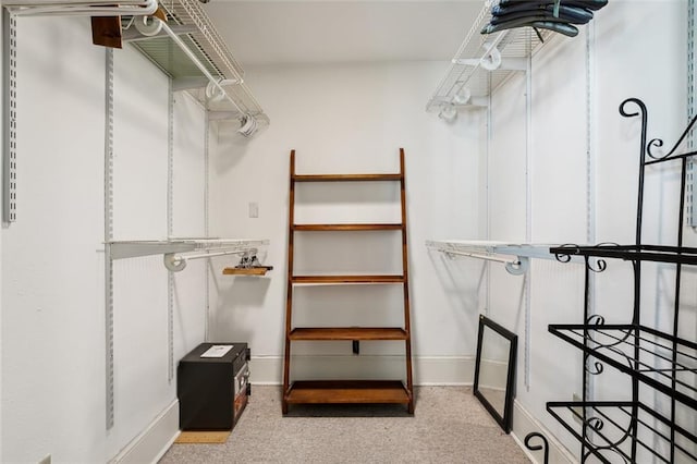 walk in closet with light colored carpet