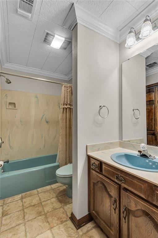 full bathroom featuring ornamental molding, vanity, shower / tub combo with curtain, and toilet