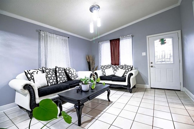 tiled living room featuring lofted ceiling and ornamental molding