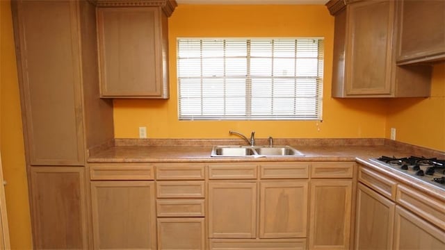 kitchen with light brown cabinets, stainless steel gas stovetop, and sink