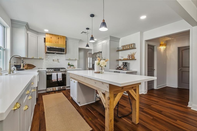 kitchen with decorative light fixtures, stainless steel appliances, dark hardwood / wood-style flooring, and decorative backsplash