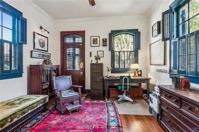 living area with ceiling fan, wood finished floors, and crown molding