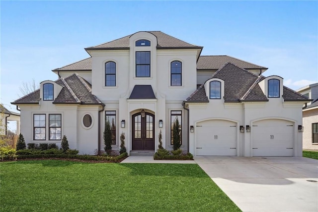 french provincial home featuring a front yard, an attached garage, stucco siding, concrete driveway, and french doors