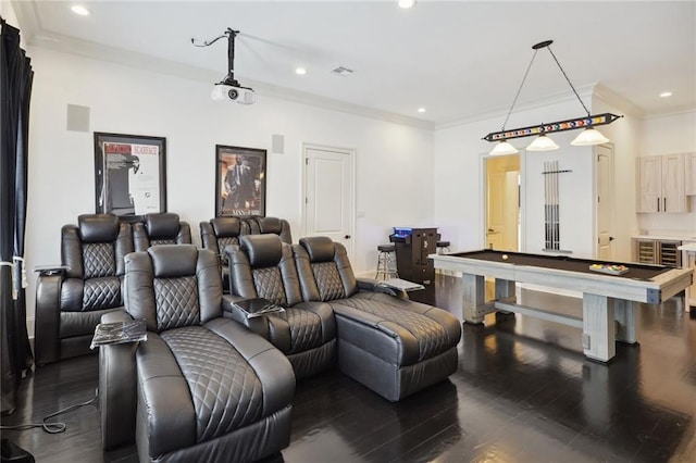 home theater room featuring recessed lighting, dark wood-style floors, ornamental molding, and billiards