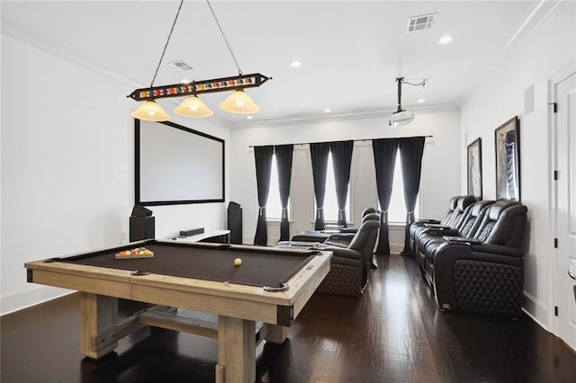 playroom with billiards, wood finished floors, visible vents, recessed lighting, and ornamental molding