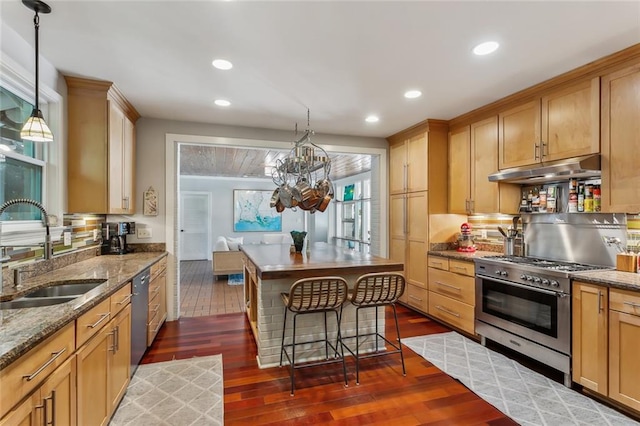 kitchen featuring dark wood-type flooring, sink, a notable chandelier, hanging light fixtures, and appliances with stainless steel finishes