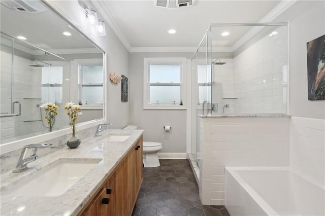 full bathroom featuring vanity, shower with separate bathtub, toilet, and crown molding