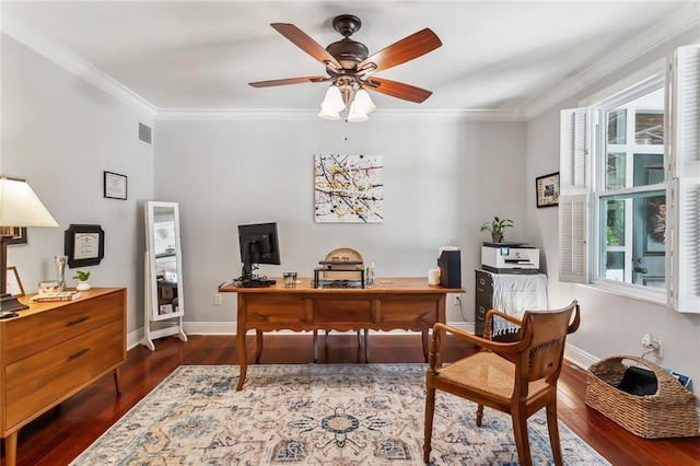 office featuring dark wood-type flooring, plenty of natural light, and ornamental molding