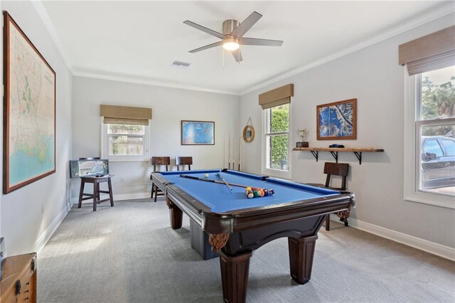 rec room featuring pool table, crown molding, a wealth of natural light, and ceiling fan