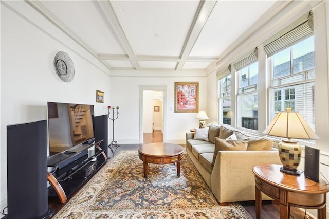 living room with wood-type flooring, beamed ceiling, and coffered ceiling