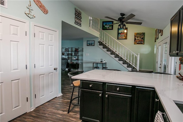 kitchen featuring dark wood-type flooring, a breakfast bar, light stone countertops, vaulted ceiling, and ceiling fan