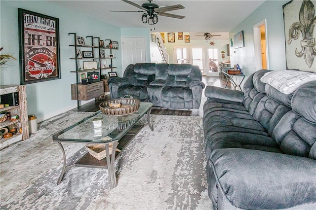 living room with french doors, hardwood / wood-style floors, and ceiling fan