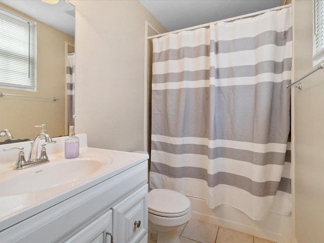 full bathroom with shower / bath combination with curtain, toilet, tile patterned flooring, and vanity