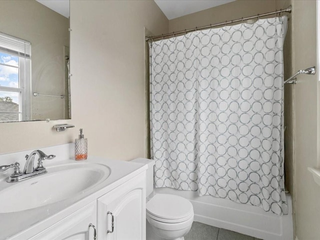 full bathroom with toilet, tile patterned flooring, vanity, and shower / bathtub combination with curtain