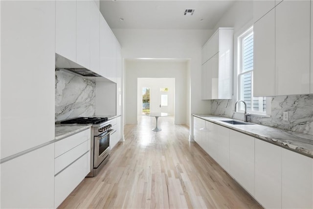 kitchen with plenty of natural light, stainless steel range, and sink