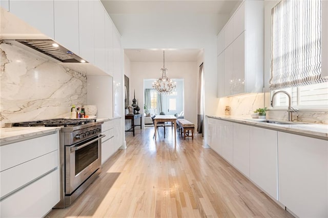 kitchen featuring light hardwood / wood-style flooring, white cabinets, high end stainless steel range oven, and sink