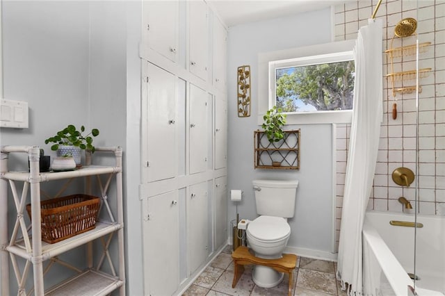 bathroom with tile patterned floors, shower / bath combo with shower curtain, and toilet