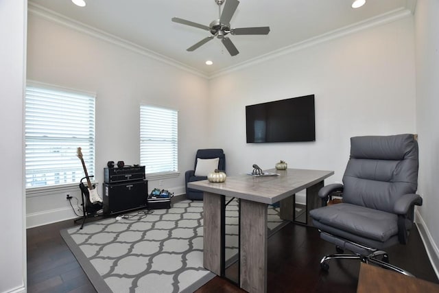 office area featuring dark hardwood / wood-style floors, crown molding, and ceiling fan