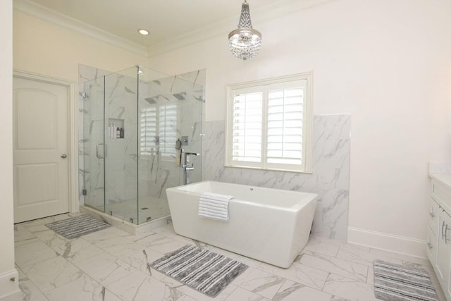 bathroom featuring ornamental molding, vanity, a chandelier, and plus walk in shower