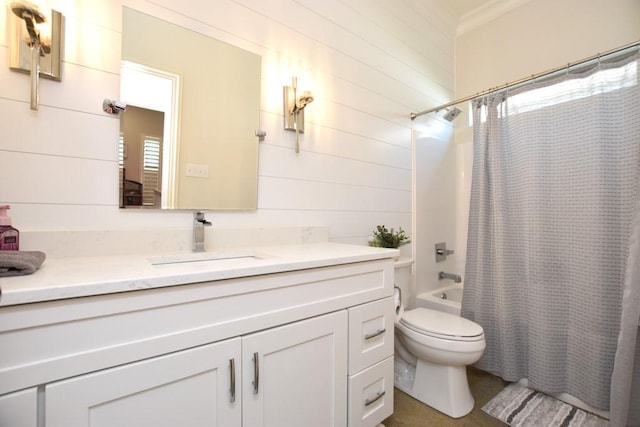 full bathroom with toilet, wood walls, vanity, crown molding, and shower / tub combo