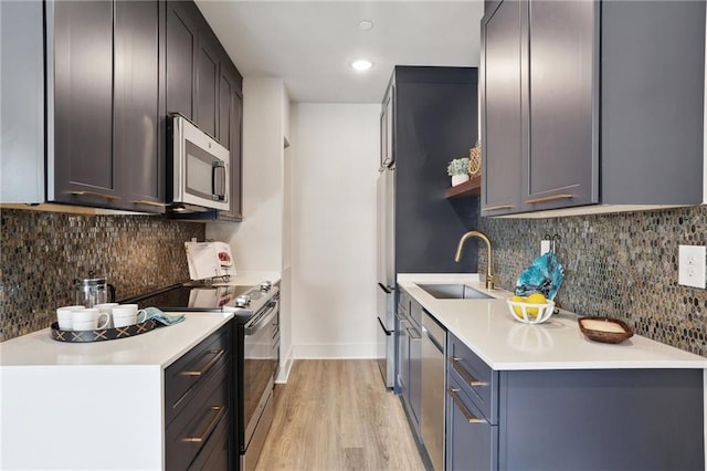 kitchen featuring backsplash, appliances with stainless steel finishes, sink, and light wood-type flooring