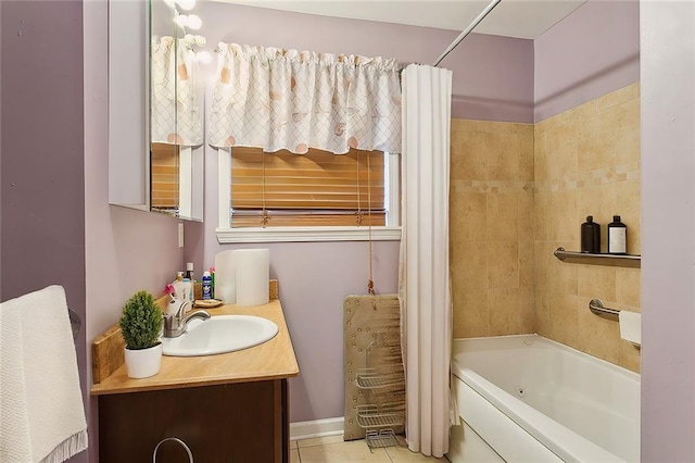 bathroom with tile patterned floors, vanity, and shower / bath combo