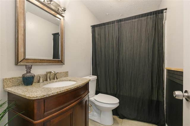 full bathroom featuring vanity, tile patterned floors, shower / bath combination with curtain, toilet, and a textured ceiling