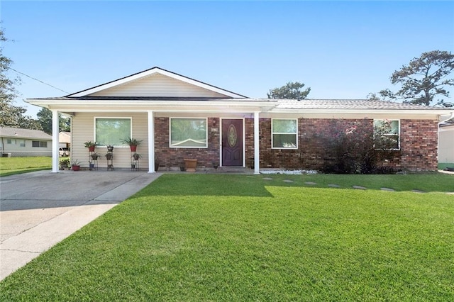 single story home with a porch and a front lawn