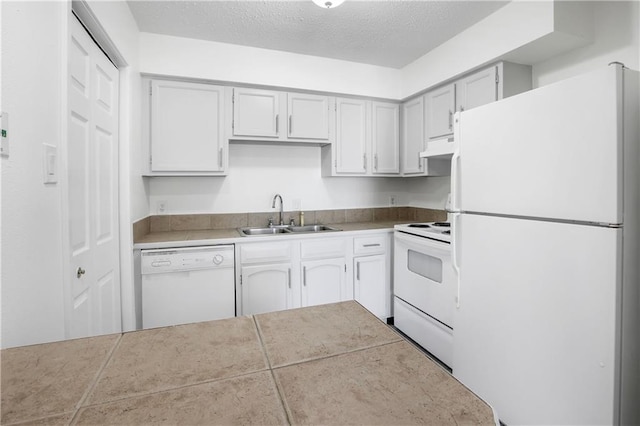 kitchen featuring exhaust hood, white cabinets, white appliances, sink, and a textured ceiling