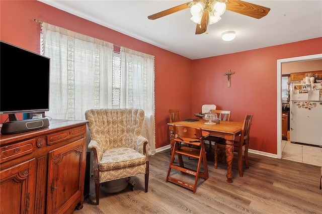 dining area featuring light hardwood / wood-style floors and ceiling fan