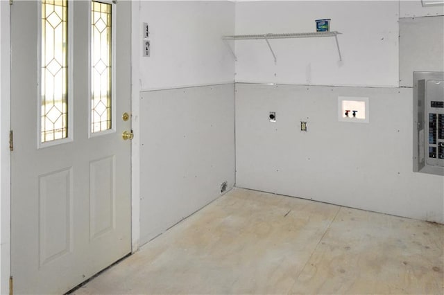 laundry area featuring hookup for an electric dryer, electric panel, and washer hookup