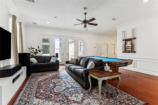 recreation room featuring ceiling fan, french doors, hardwood / wood-style flooring, ornamental molding, and pool table