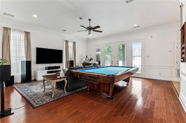 rec room featuring ornamental molding, pool table, and hardwood / wood-style floors