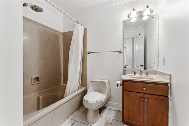 full bathroom featuring shower / tub combo, vanity, tile patterned floors, ornamental molding, and toilet