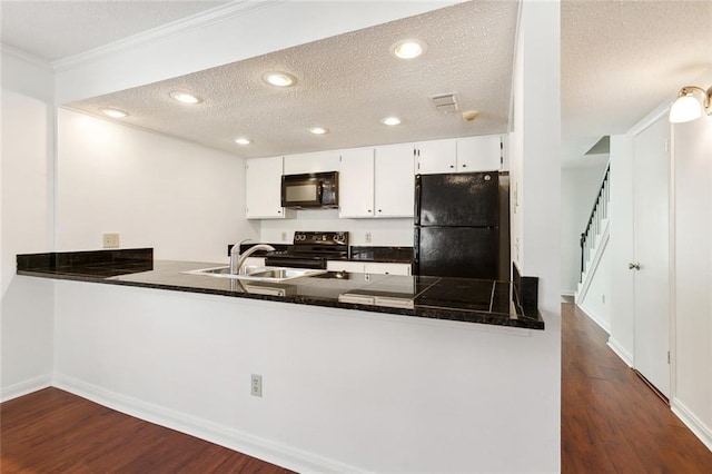 kitchen with white cabinets, sink, kitchen peninsula, dark wood-type flooring, and black appliances