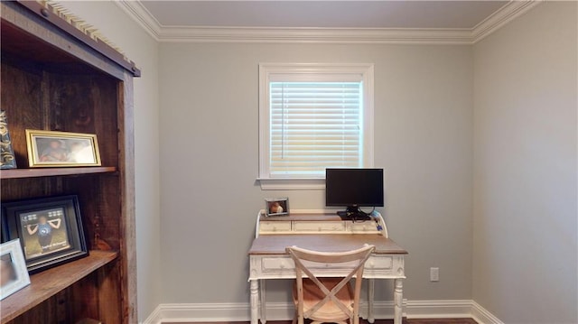 home office with crown molding