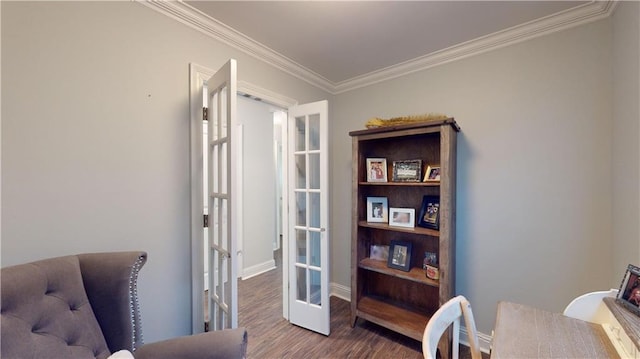 office area with wood-type flooring, french doors, and crown molding