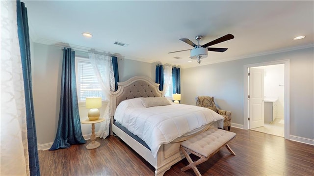 bedroom featuring ornamental molding, ensuite bath, ceiling fan, and dark wood-type flooring