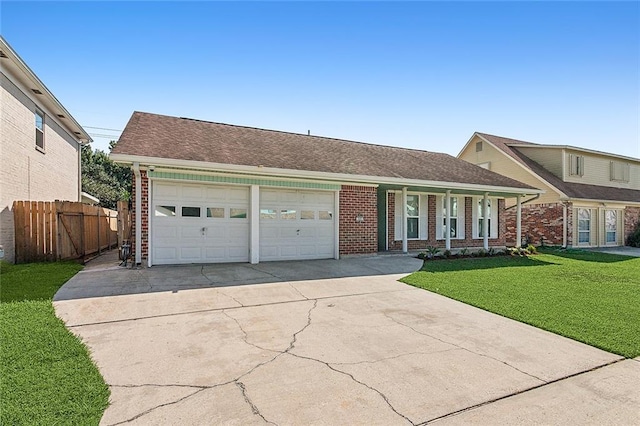 view of front of home with a front lawn, covered porch, and a garage