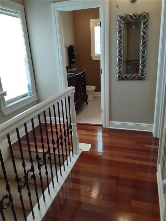 stairs with hardwood / wood-style flooring and a wealth of natural light