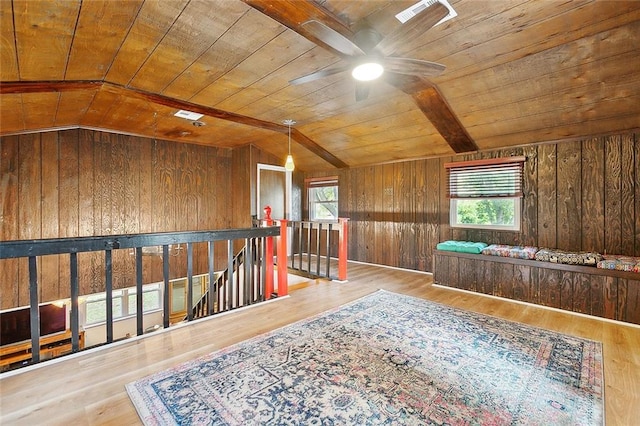 interior space featuring light hardwood / wood-style flooring, wooden ceiling, lofted ceiling, and wooden walls