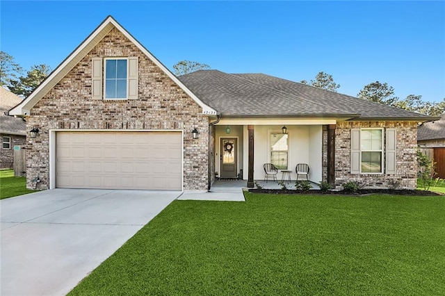 view of front of property with a garage and a front lawn